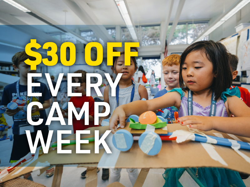 Children crafting at a camp while a bold discount message reads '$30 OFF EVERY CAMP WEEK' on the image, promoting a promotion.